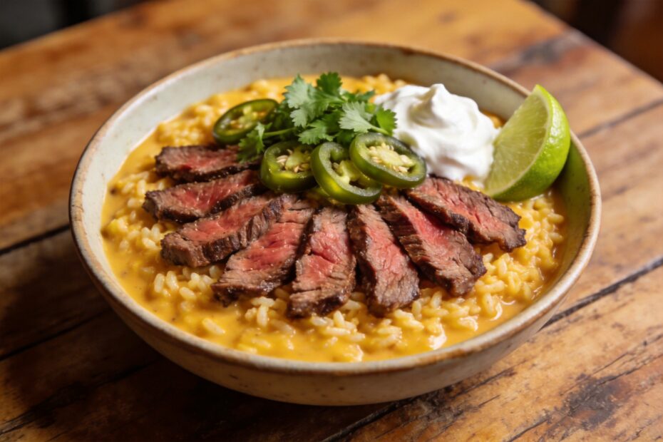 creamy-queso-rice-juicy-steak-bowl-garnished