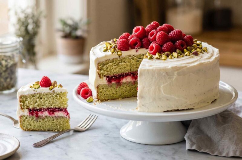 Layered Pistachio Cream Cake With Fresh Raspberries
